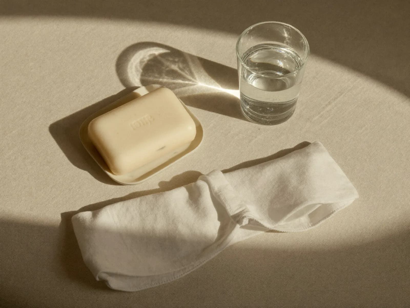 Jabón en una jabonera, un vaso de agua y una toalla de rostro doblada sobre lino crudo, con luz suave de ventana