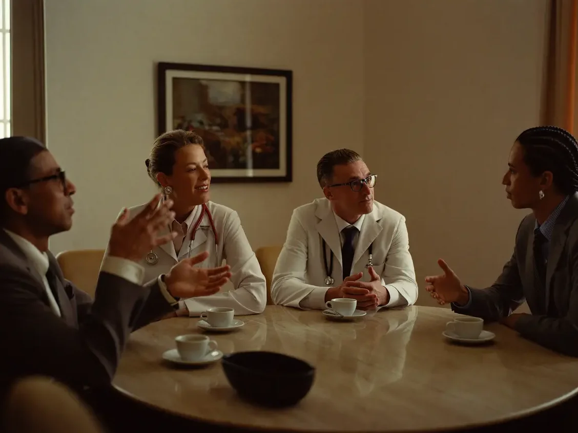 Grupo de médicos conversando alrededor de una mesa de travertino en un ambiente de tonos cálidos
