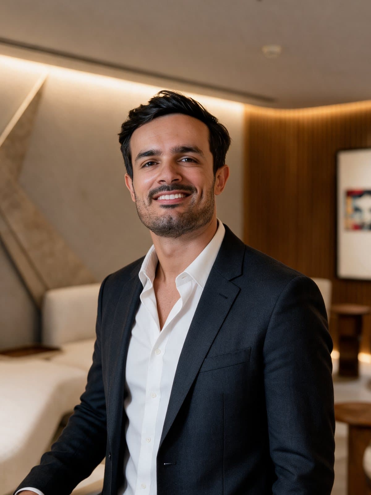 Dr. Pablo Ifrán sonriendo en la sala de estar de Arco Clinic, con blazer oscuro