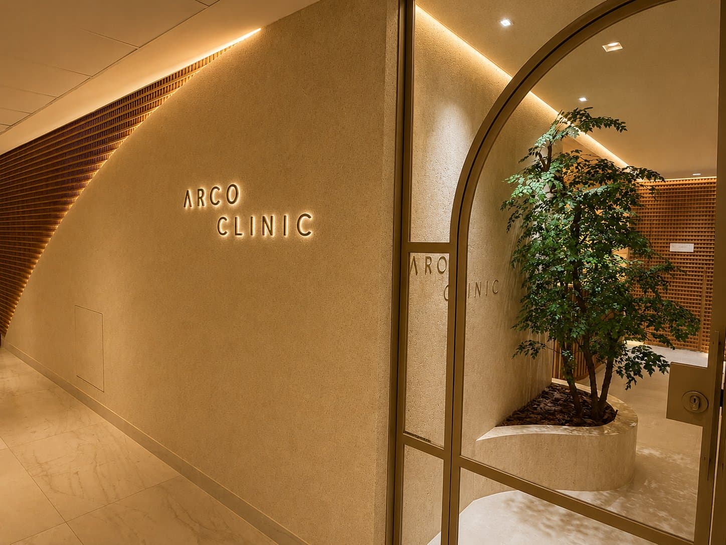 Entrada da Arco Clinic: letreiro iluminado na parede junto à porta de vidro em arco